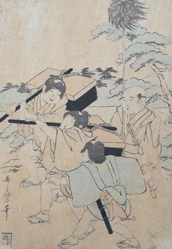 From the Studio of Fred Cuming. Japanese woodblock print, Four figures before a landscape, 32 x 22cm. Condition - fair, some staining and losses